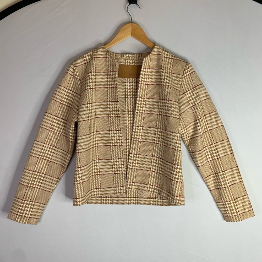 ROOLEE Women S Plaid Houndstooth Blazer Open Front Tan Knit Dark Academia Preppy